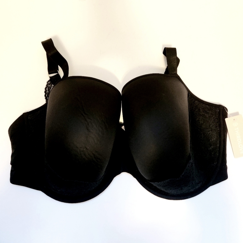 NWT THIRDLOVE BLACK 24/7 LACE DETAIL T-SHIRT BRA 42G